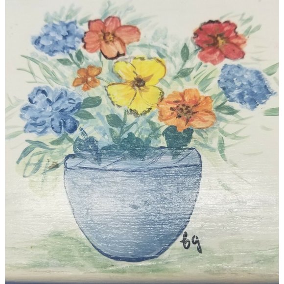 Hand Painted Wood Hinged Lined Trinket Box Flower Pot Artist Signed - Picture 2 of 8